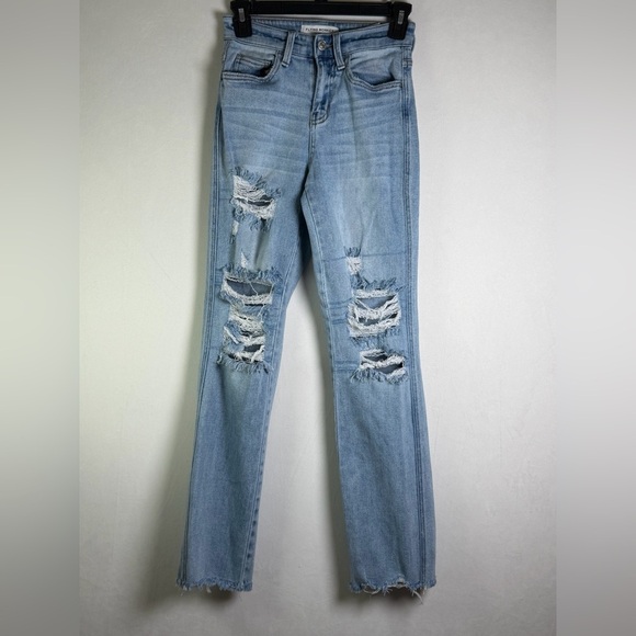 Flying Monkey Denim - Flying Monkey Women High Rise Straight Jean Sz 23x29 Distressed Cropped Raw Hem